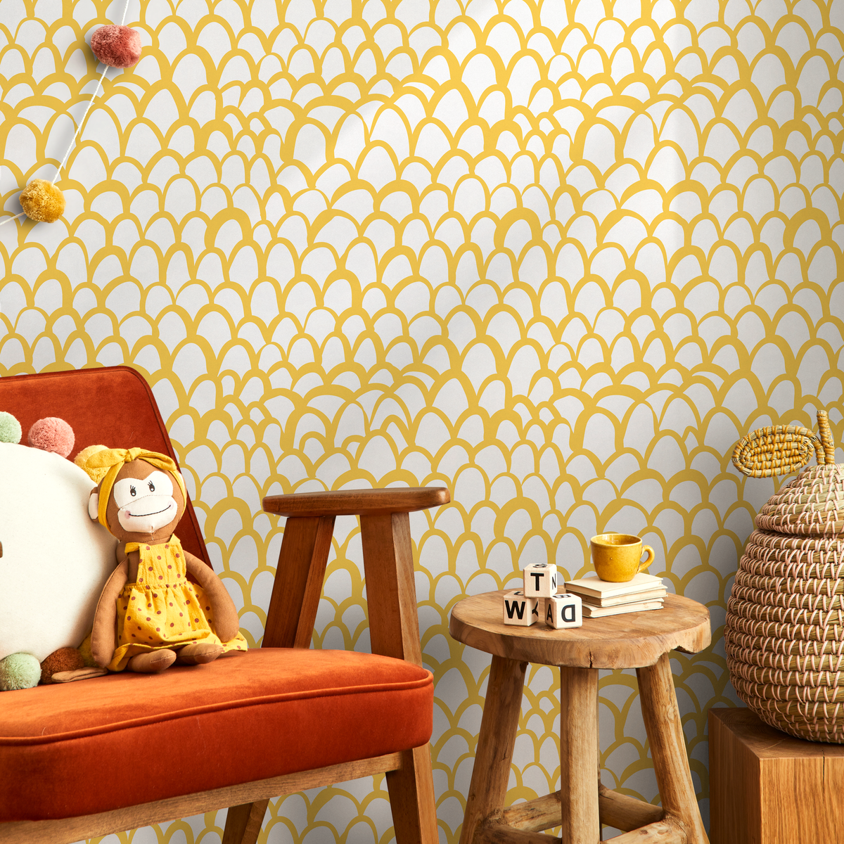 Scandinavian Wallpaper with an Arched Scales Motif in Yellow - detail view