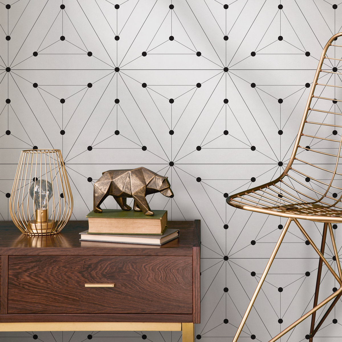 Minimalist Starburst Line Geometric Wallpaper in Black and White - detail view