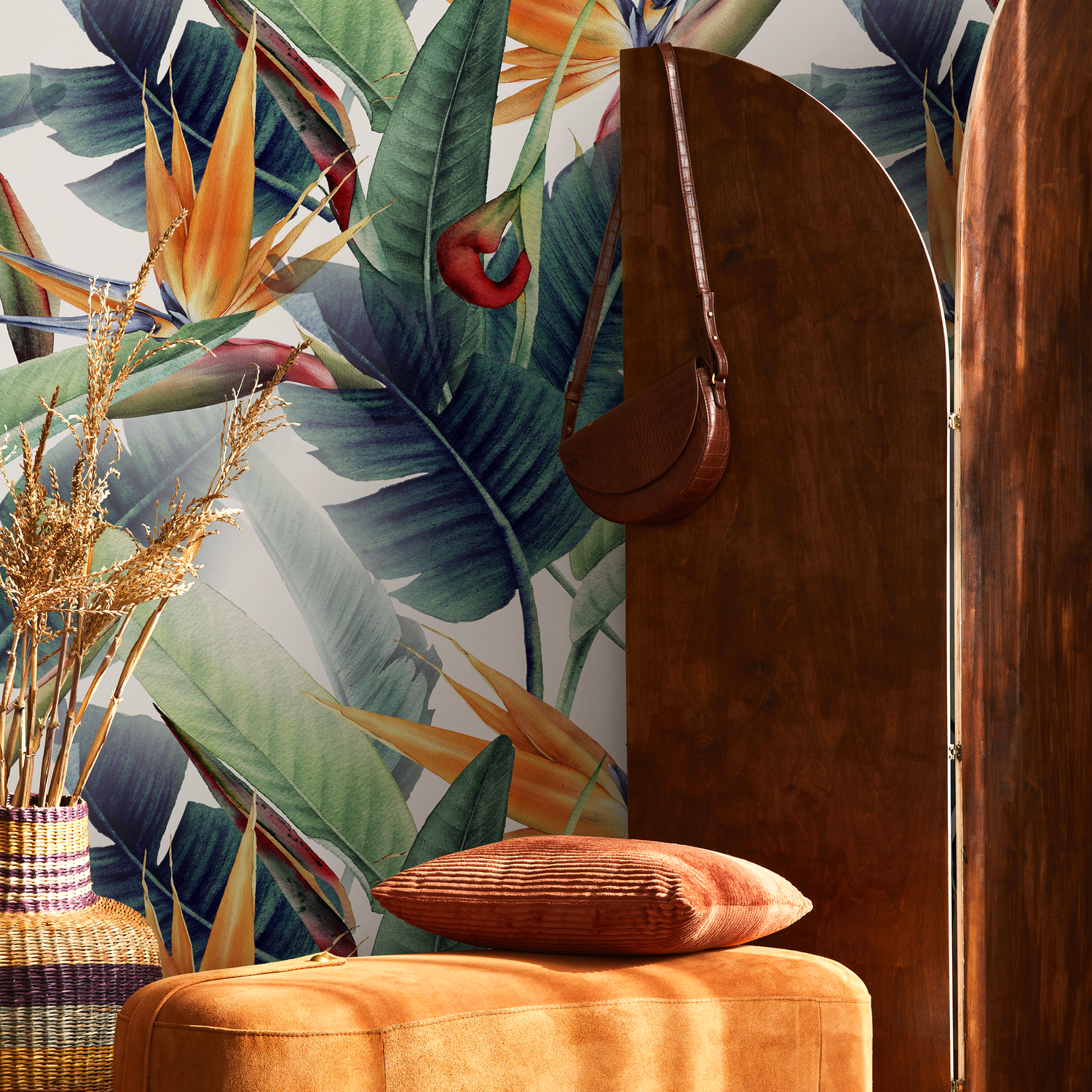 Papel pintado con diseño de ave del paraíso con flores tropicales, autoadhesivo y tradicional - B037