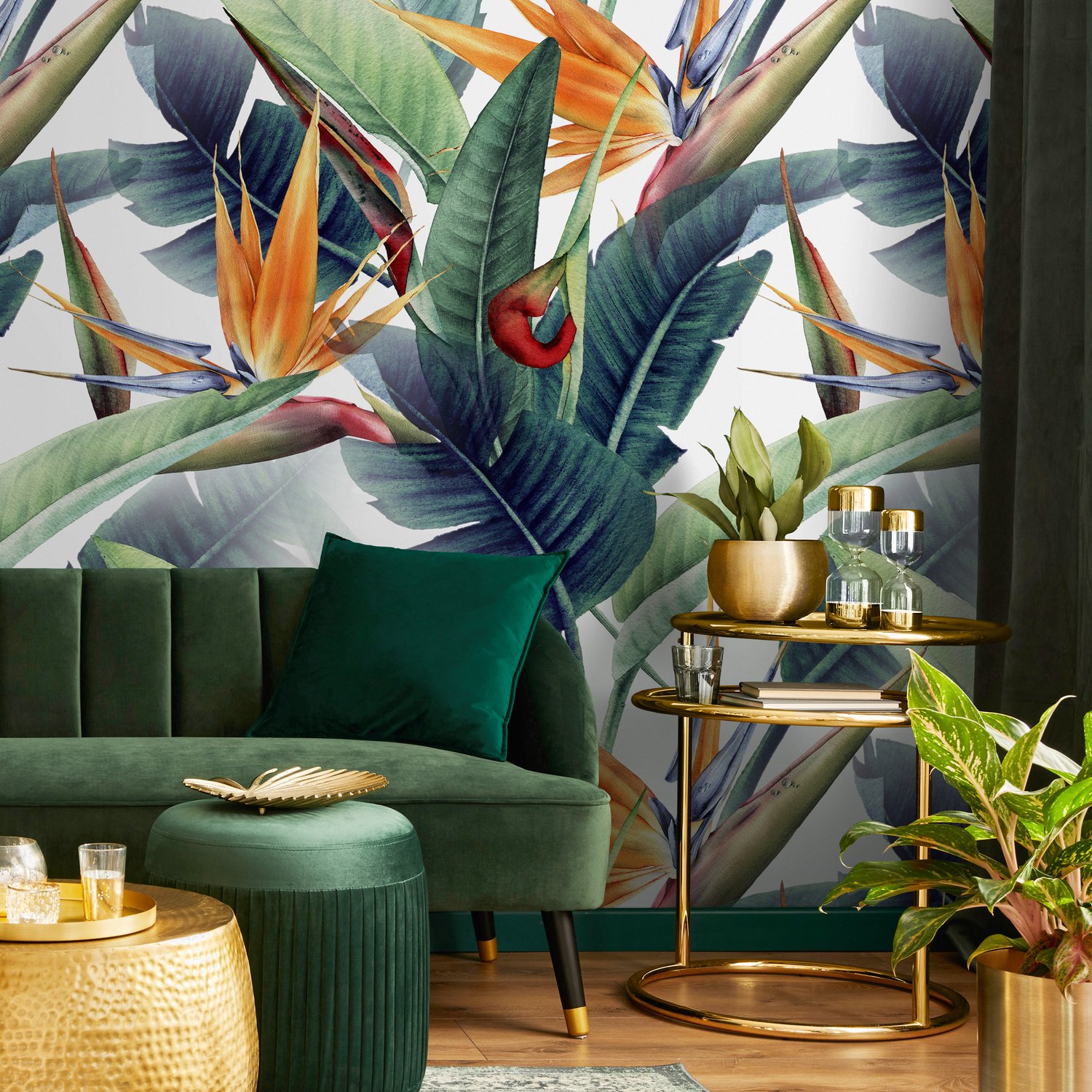 Papel pintado con diseño de ave del paraíso con flores tropicales, autoadhesivo y tradicional - B037