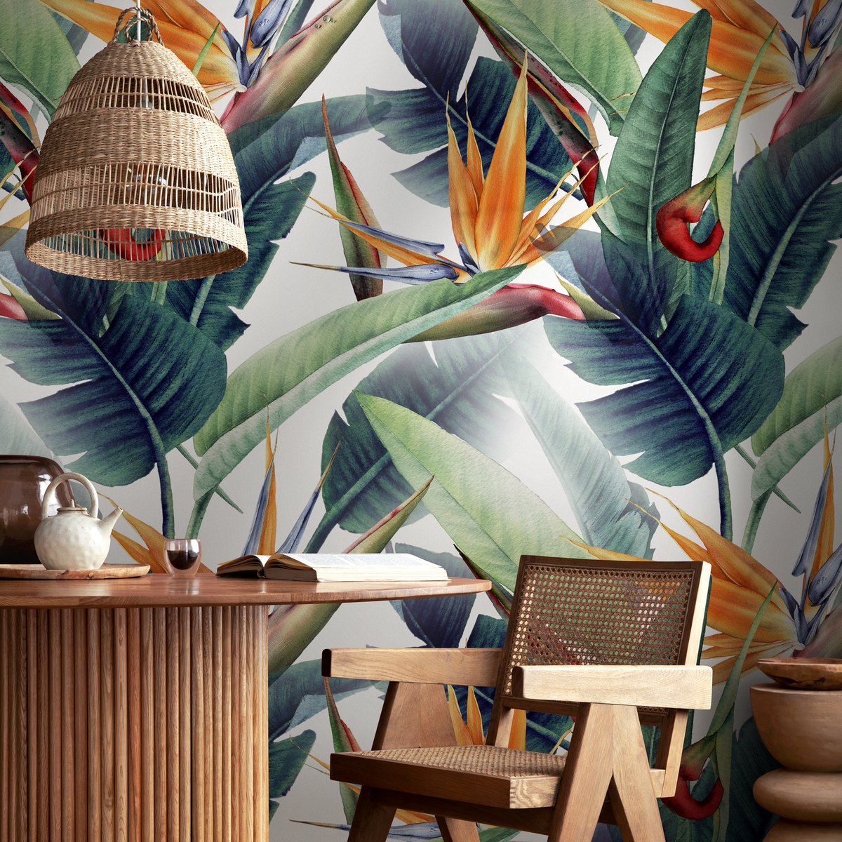 Tropical Wallpaper with Bird of Paradise Flowers in Orange, Green, and Blue - detail view