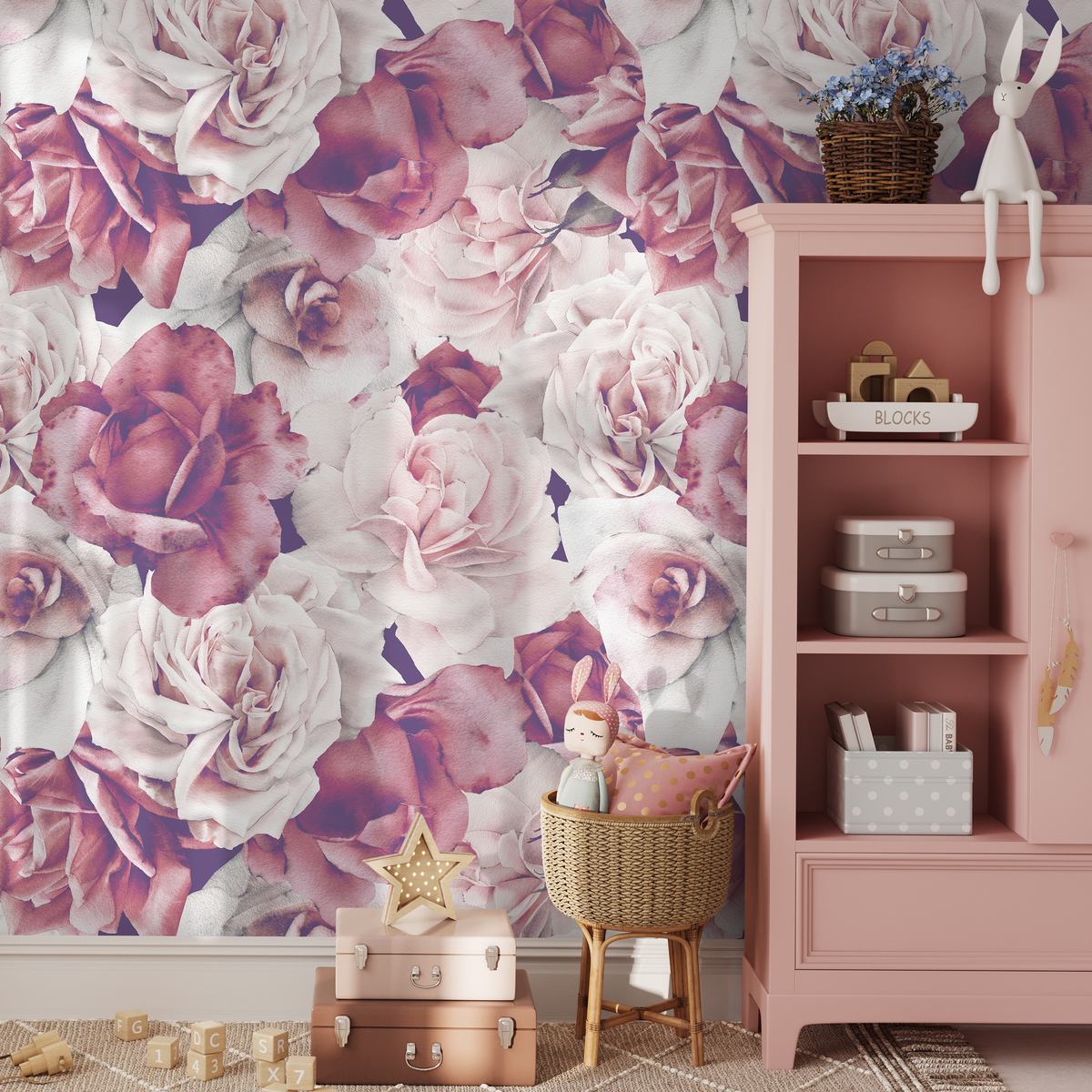 Floral Wallpaper with Vintage Roses in Pink, Mauve, and Cream - detail view