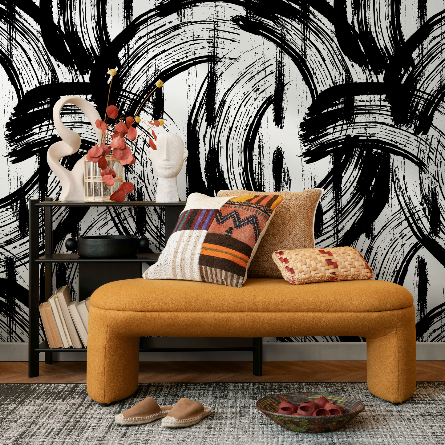 Removable Wallpaper Peel and Stick Wallpaper Wall Paper Wall Mural - Black and White Paintbrush Wallpaper - B039