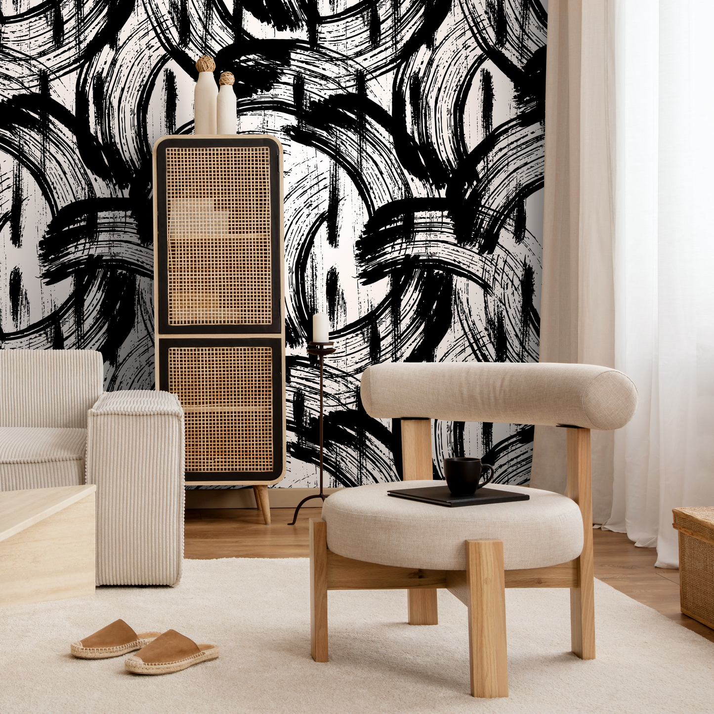 Removable Wallpaper Peel and Stick Wallpaper Wall Paper Wall Mural - Black and White Paintbrush Wallpaper - B039