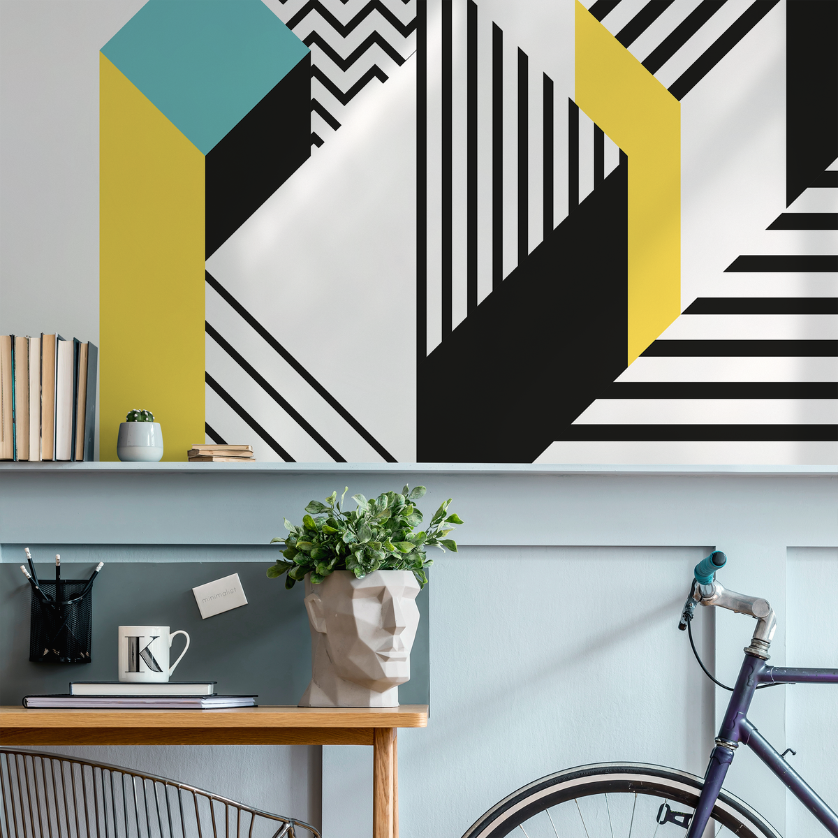 Geometric Wallpaper with 3D Blocks and Lines in Black, Teal, and Yellow - detail view