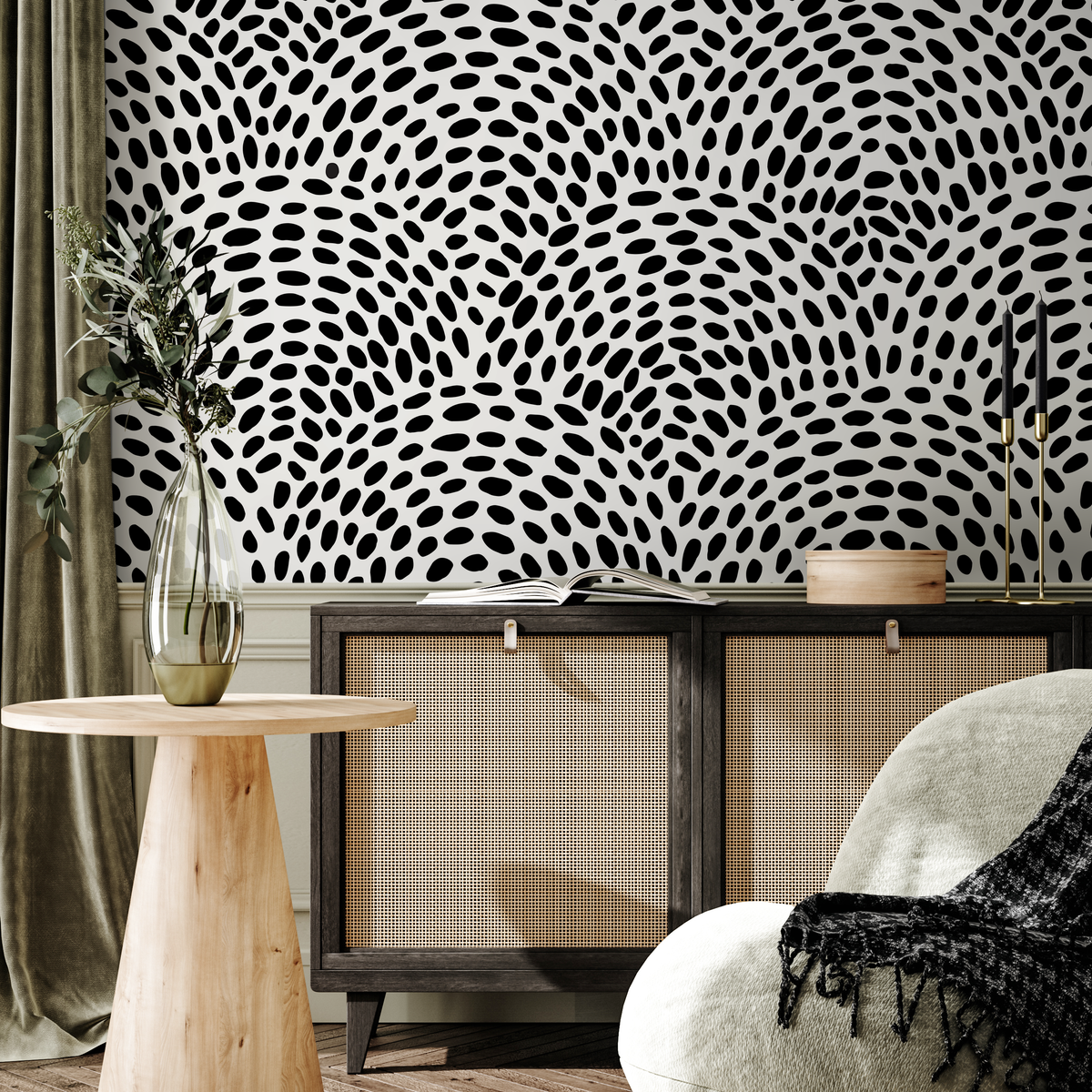 Abstract Wallpaper with a Wavy Pebble Motif in Black and White - detail view
