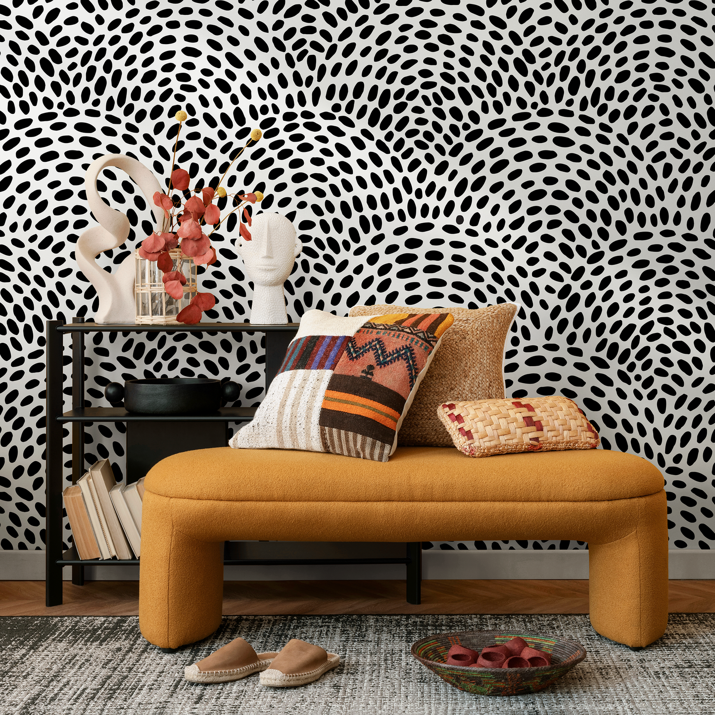 Removable Wallpaper Scandinavian Wallpaper Black Circle Dots Wallpaper Peel and Stick Wallpaper Wall Paper - B044