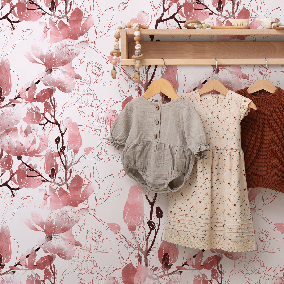 Floral Wallpaper with Watercolor and Line Art Blossoms in Pink and Burgundy - detail view