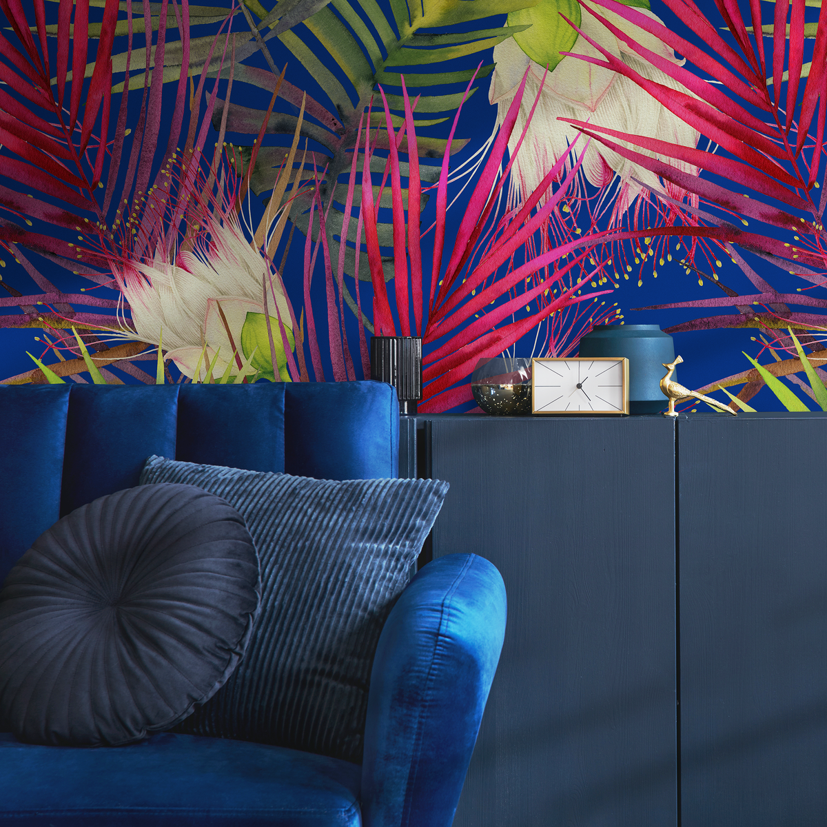 Botanical Wallpaper with Pop Art Flowers in Blue, Pink, and Green - detail view