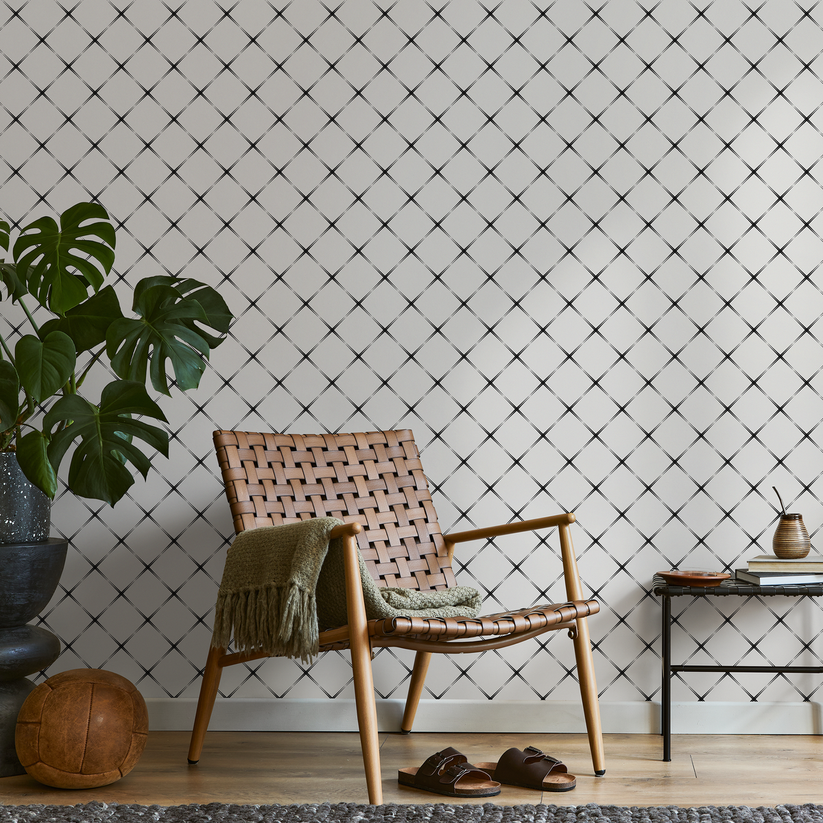 Geometric Wallpaper with a Star Cross Grid in Black and White - detail view