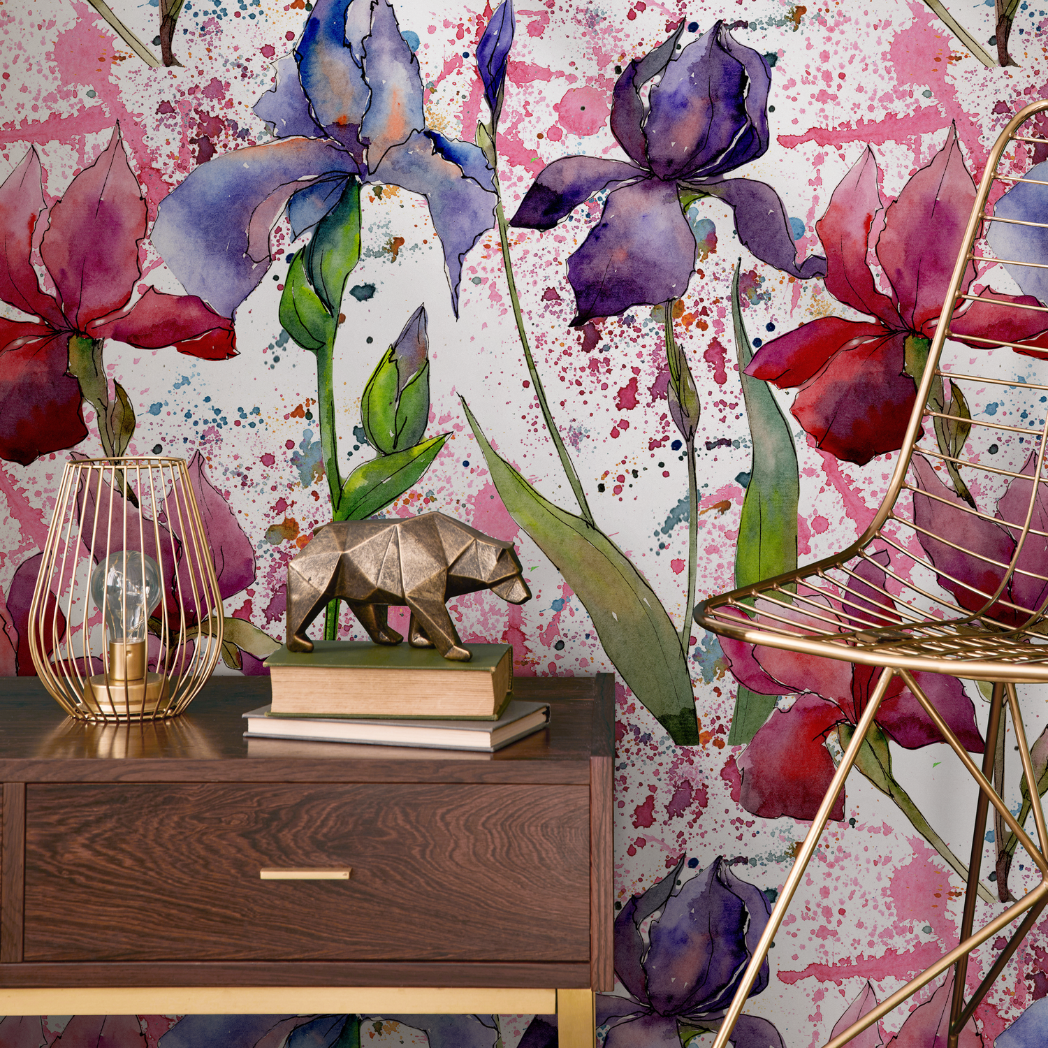 Papier peint autocollant amovible, décoration d'intérieur, art mural, décoration murale, décoration de chambre, papier peint aquarelle floral coloré -B053