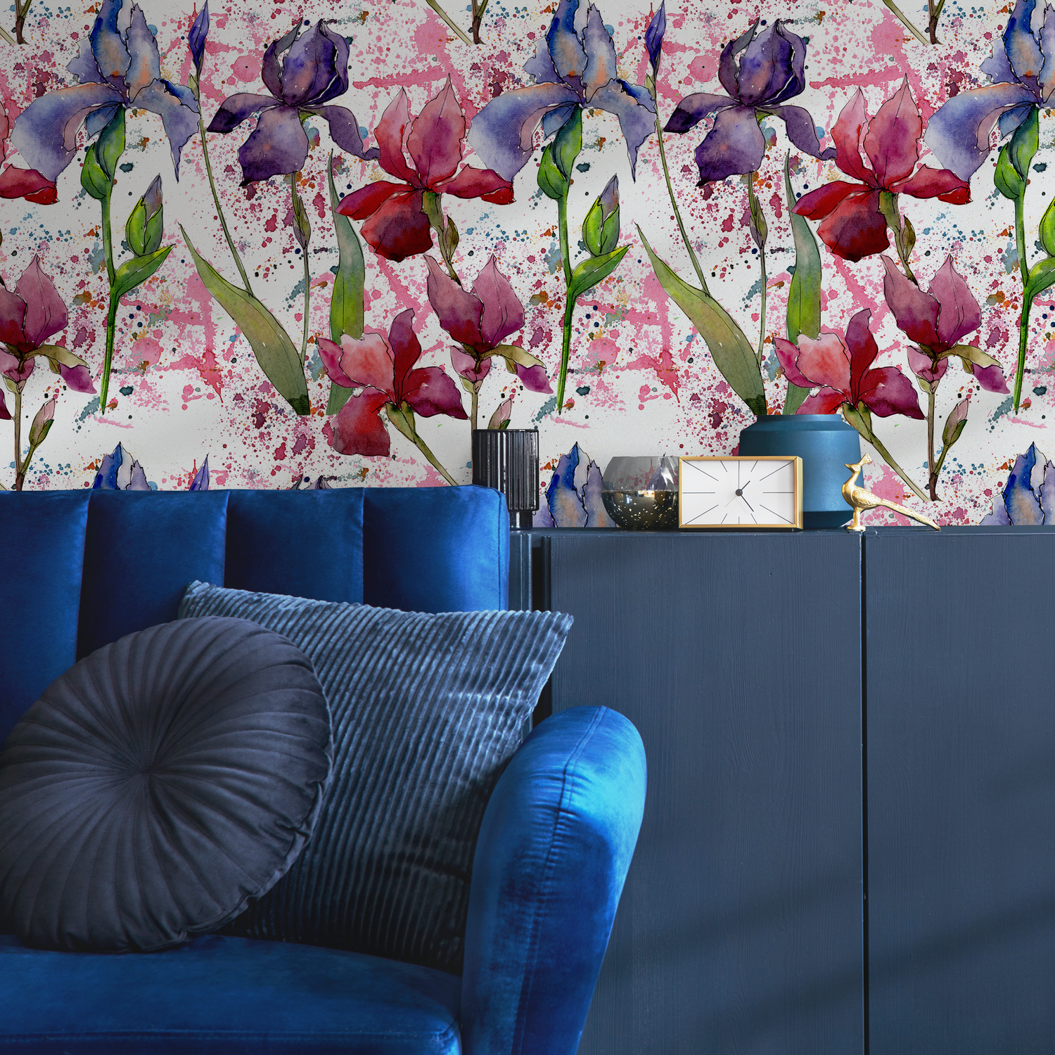 Papier peint autocollant amovible, décoration d'intérieur, art mural, décoration murale, décoration de chambre, papier peint aquarelle floral coloré -B053
