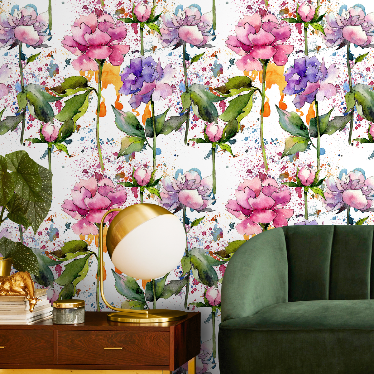 Floral Wallpaper with a Watercolor Peony Motif in Pink, Purple, and Green - detail view