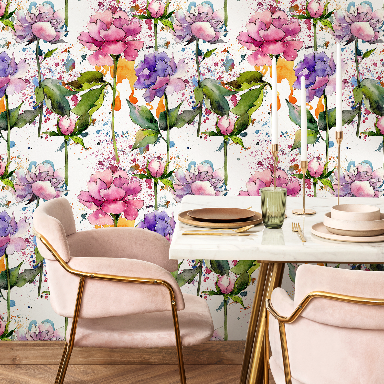 Papier peint autocollant amovible, décoration d'intérieur, art mural, décoration de chambre / joli papier peint aquarelle floral - B055