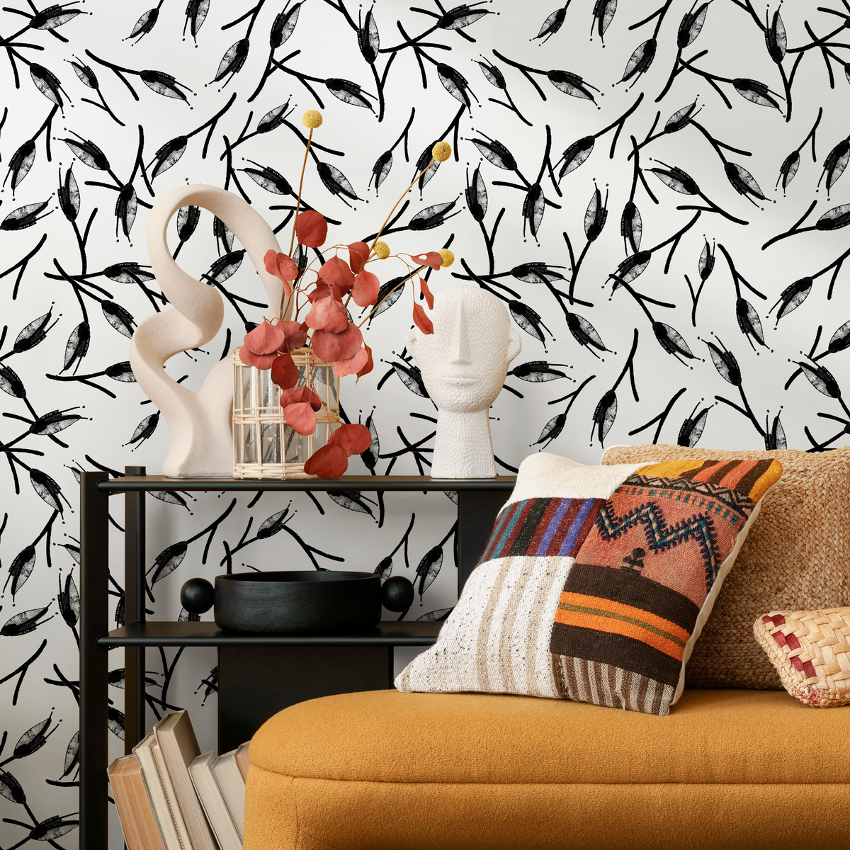 Scandinavian Wallpaper with Abstract Branches in Black and White - detail view