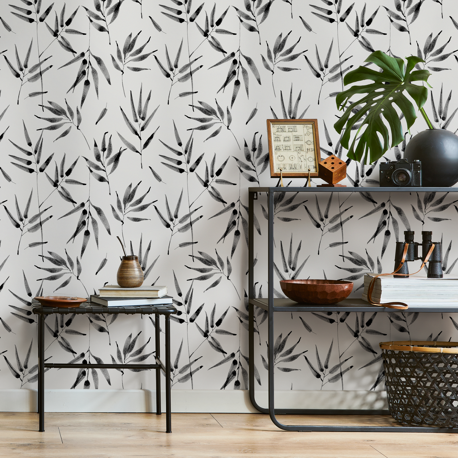 Papier peint autocollant amovible, décoration d'intérieur, art mural, décoration de chambre / Papier peint à feuilles noires et blanches - B057