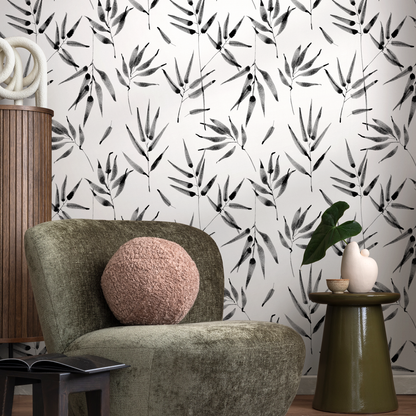 Wallpaper Peel and Stick Wallpaper Removable Wallpaper Home Decor Wall Art Wall Decor Room Decor / Black and White Leaves Wallpaper - B057