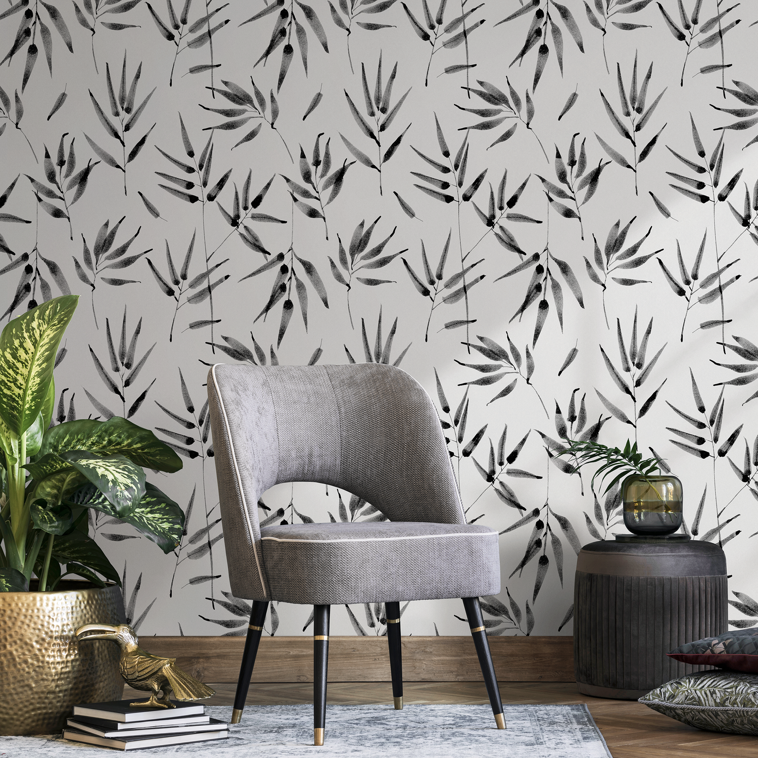 Papier peint autocollant amovible, décoration d'intérieur, art mural, décoration de chambre / Papier peint à feuilles noires et blanches - B057