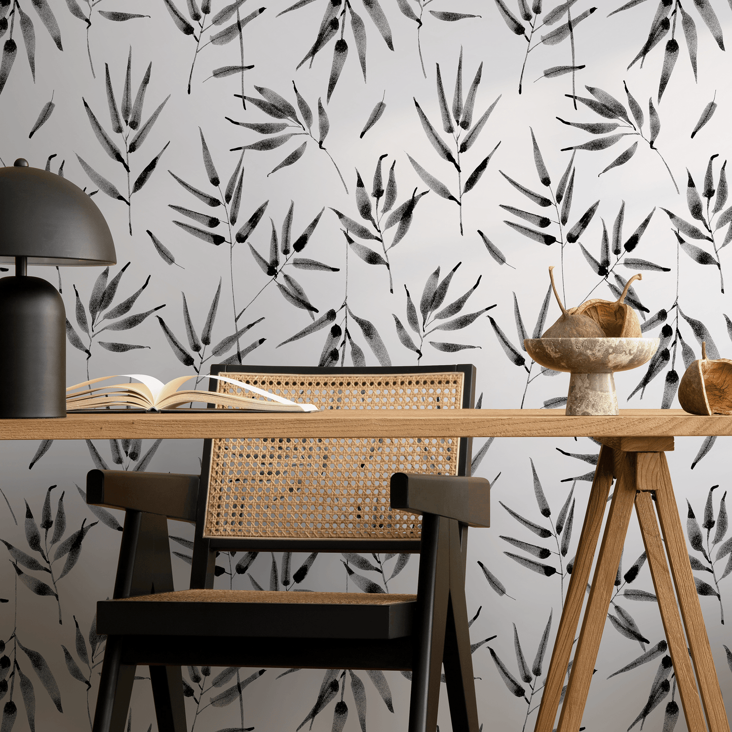 Wallpaper Peel and Stick Wallpaper Removable Wallpaper Home Decor Wall Art Wall Decor Room Decor / Black and White Leaves Wallpaper - B057