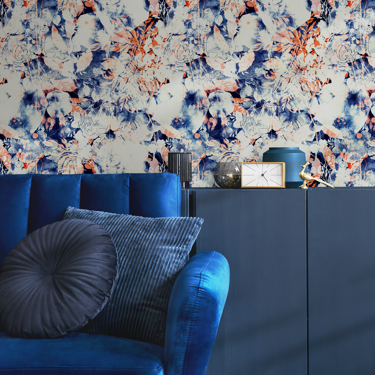 Abstract Floral Wallpaper with Watercolor Washes in Blue and Orange - detail view