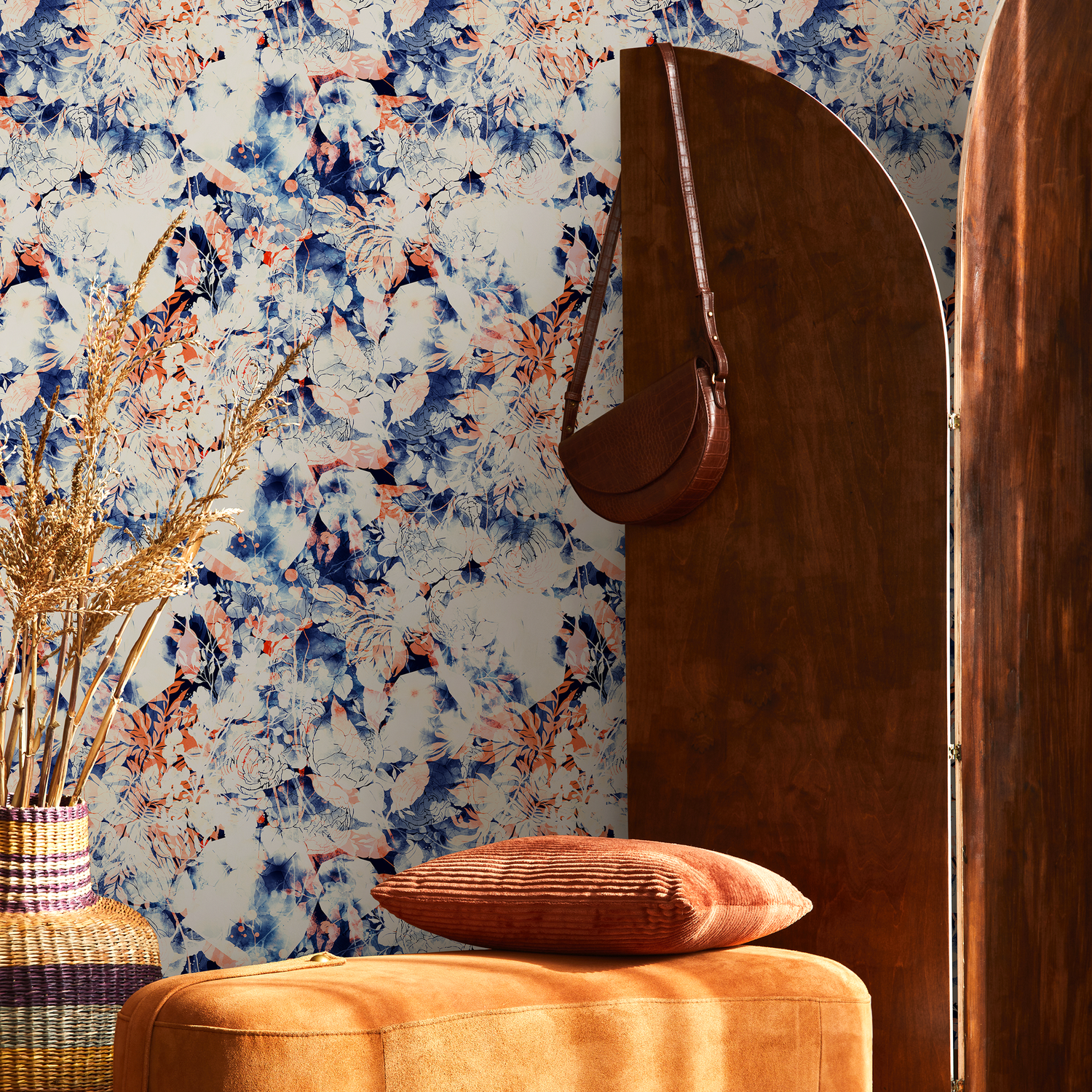 Abstract Floral Wallpaper with Watercolor Washes in Blue and Orange - B058