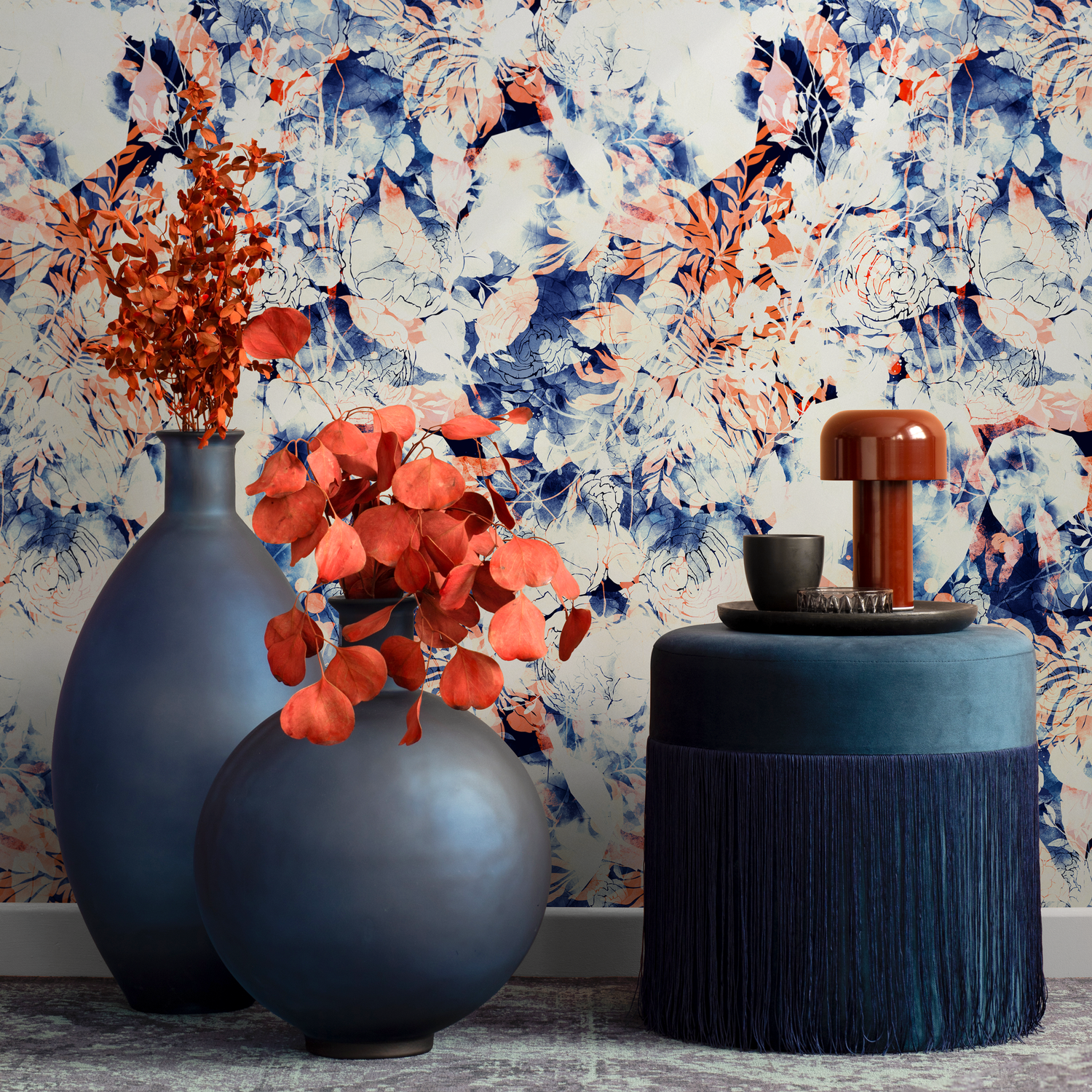 Abstract Floral Wallpaper with Watercolor Washes in Blue and Orange - B058