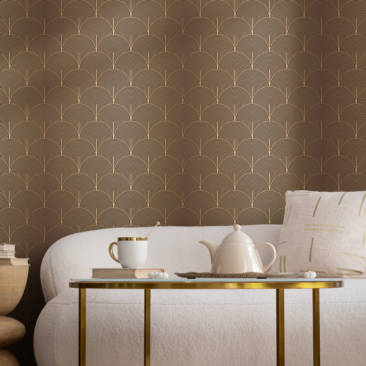 Art Deco Wallpaper with a Scalloped Arch Motif in Dark Brown and Gold - detail view
