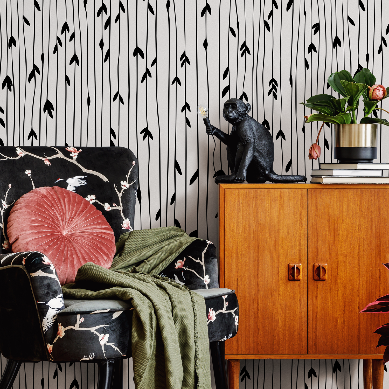 Removable Wallpaper, Scandinavian Wallpaper, Minimalistic Wallpaper, Peel and Stick Wallpaper, WallPaper, Watercolor Leaves Wallpaper - B060