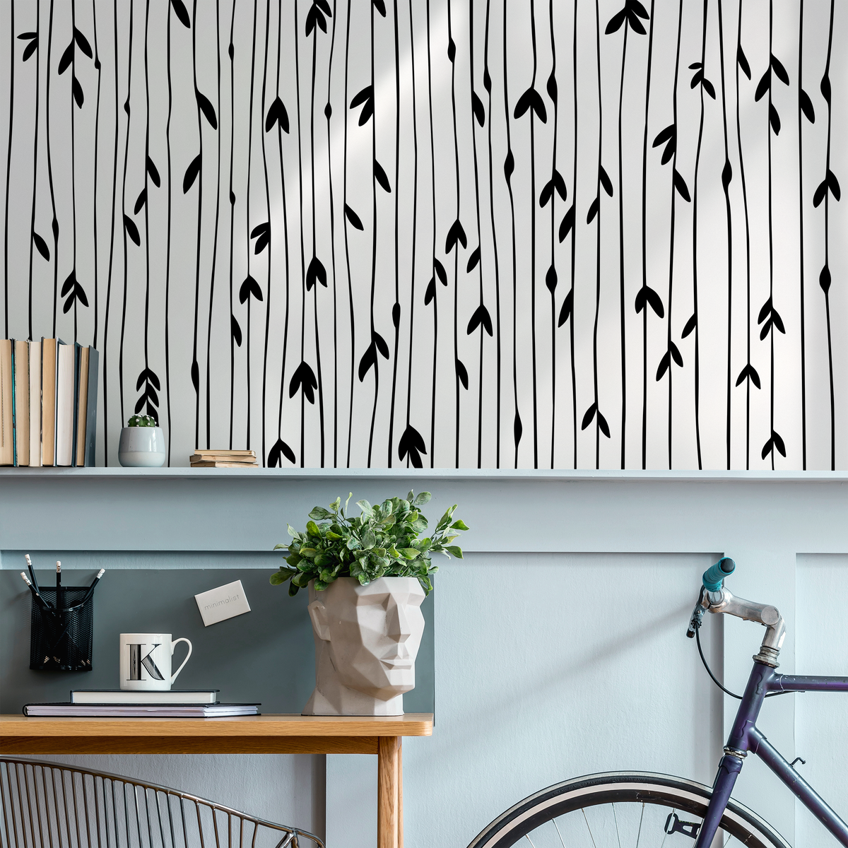 Scandinavian Wallpaper with Hand-Drawn Leafy Stems in Black and White - detail view