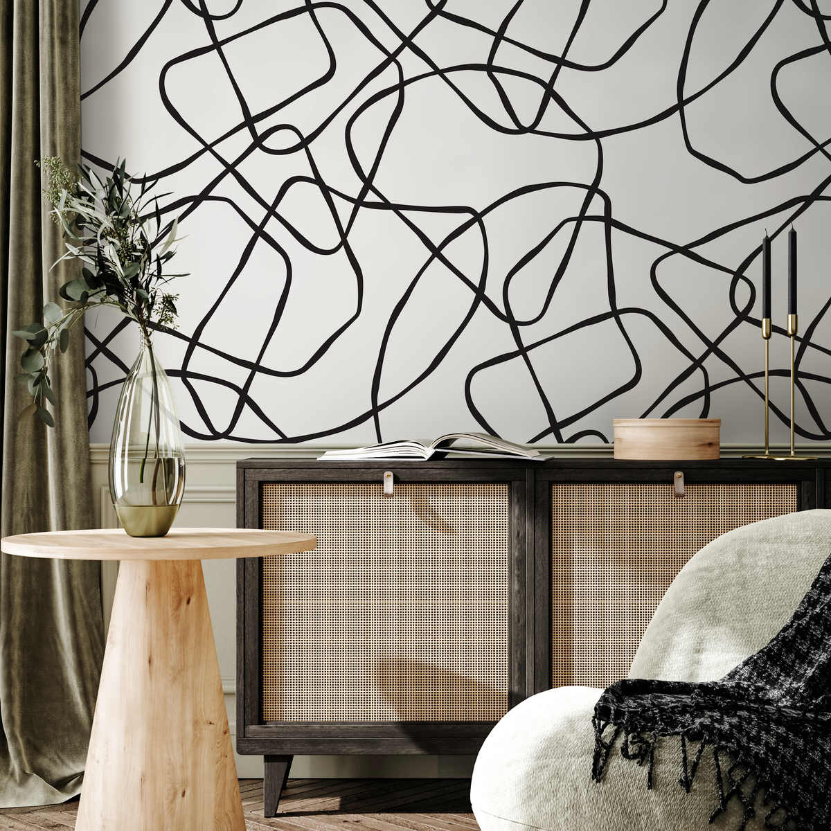 Abstract Wallpaper with a Continuous Line Art Motif in Black and White - detail view
