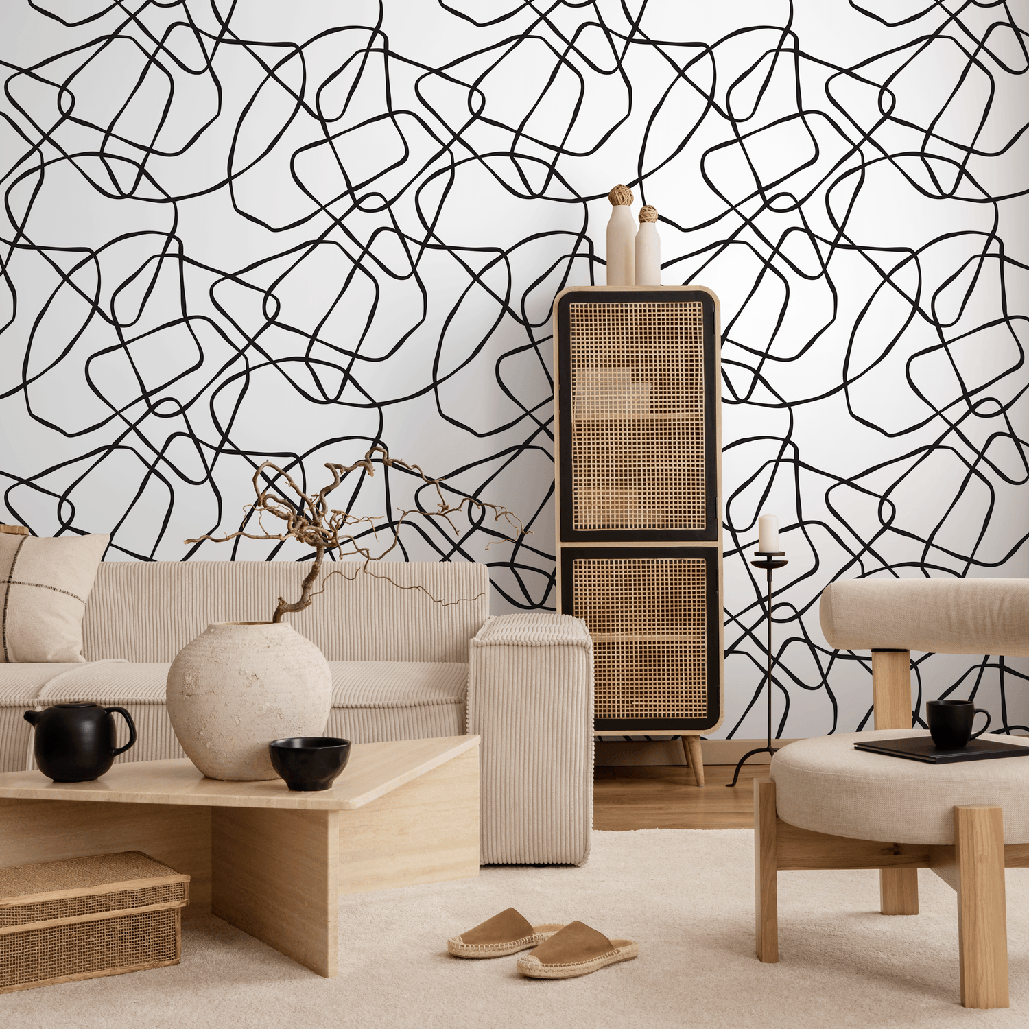 Abstract Wallpaper with a Continuous Line Art Motif in Black and White - B062