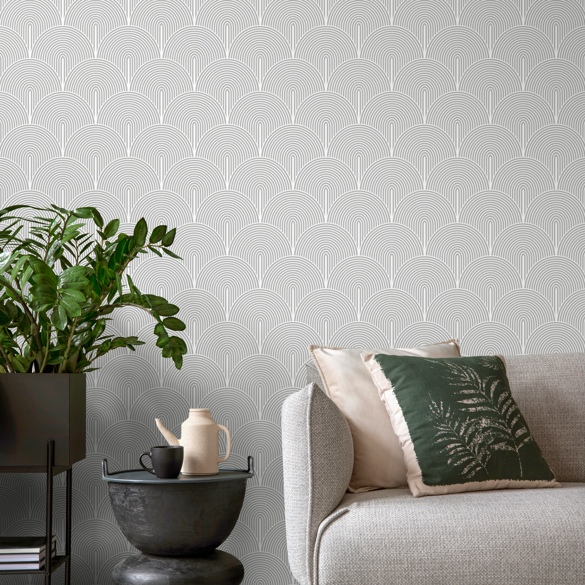 Art Deco Wallpaper with a Scalloped Arch Motif in Gray and Off-White - detail view
