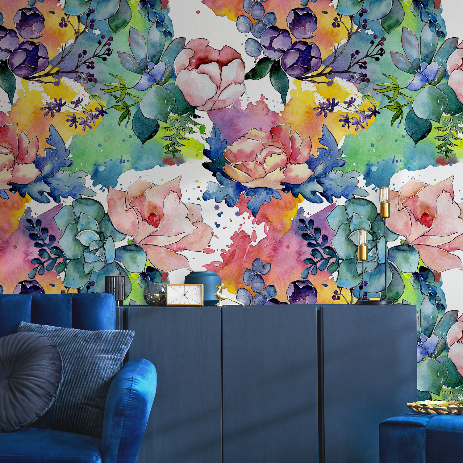 Watercolor Floral Wallpaper with Peonies and Succulents in Pink and Blue - B064