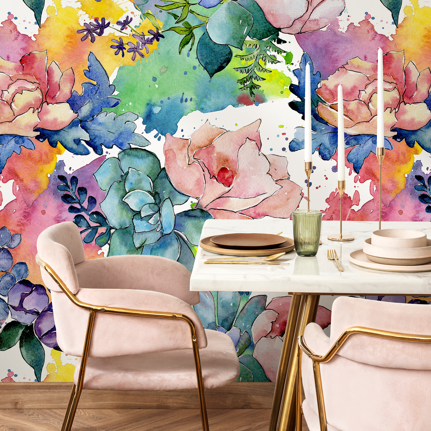 Watercolor Floral Wallpaper with Peonies and Succulents in Pink and Blue - B064