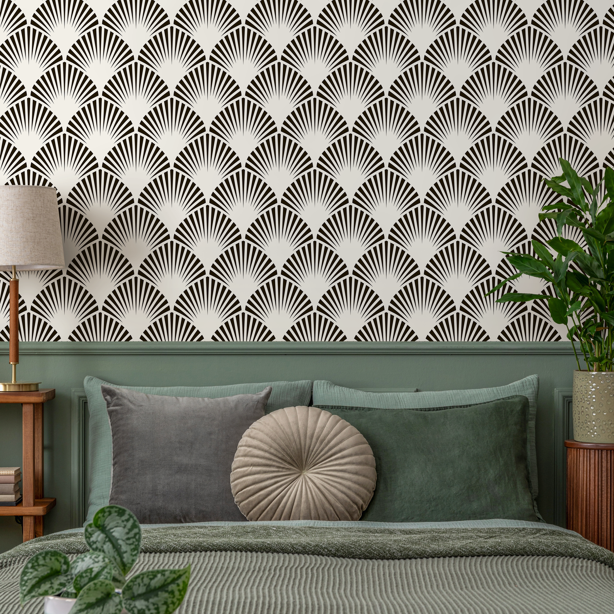 Art Deco Wallpaper with a Stylized Fan Motif in Black and Off-White - detail view