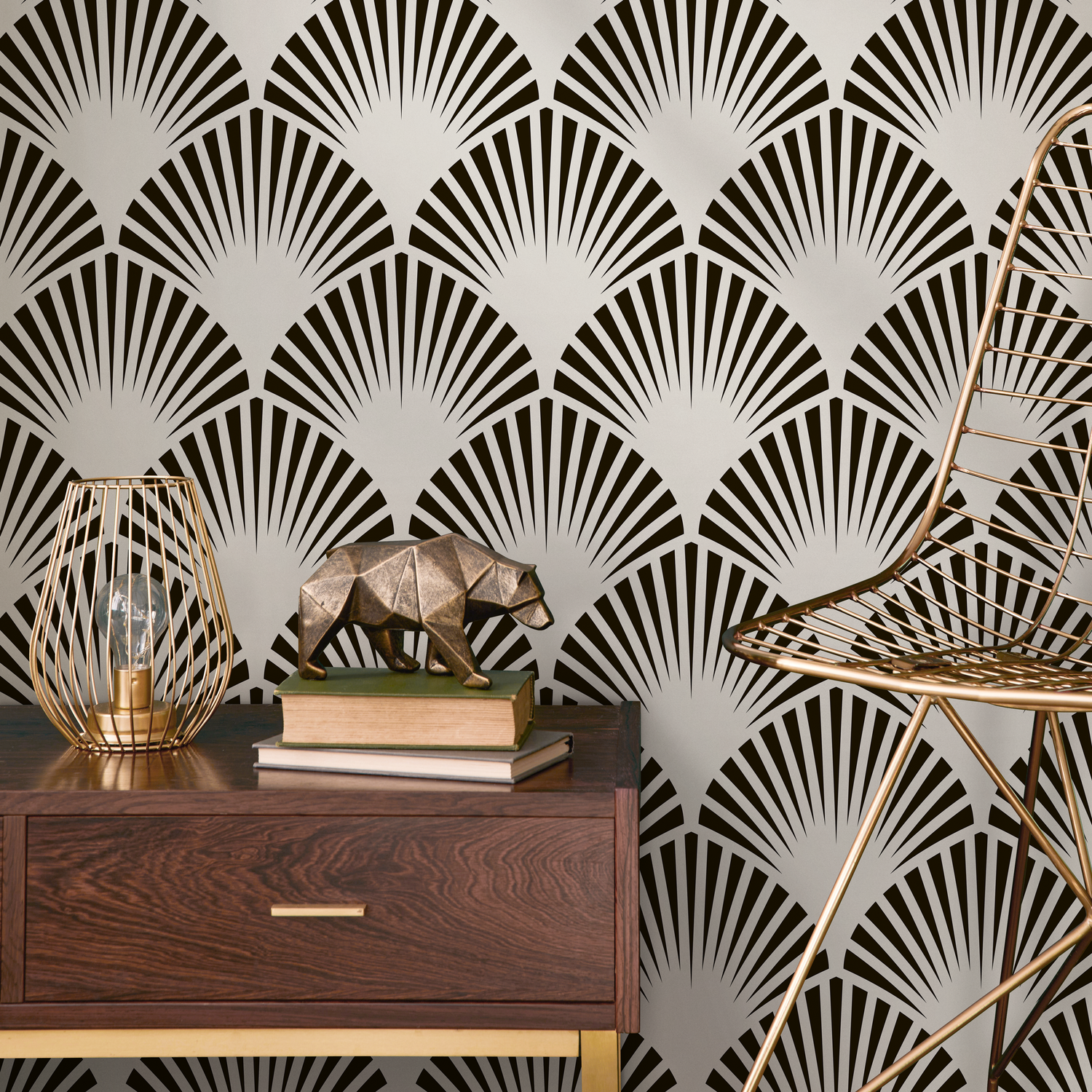 Art Deco Wallpaper with a Stylized Fan Motif in Black and Light Grey - B074