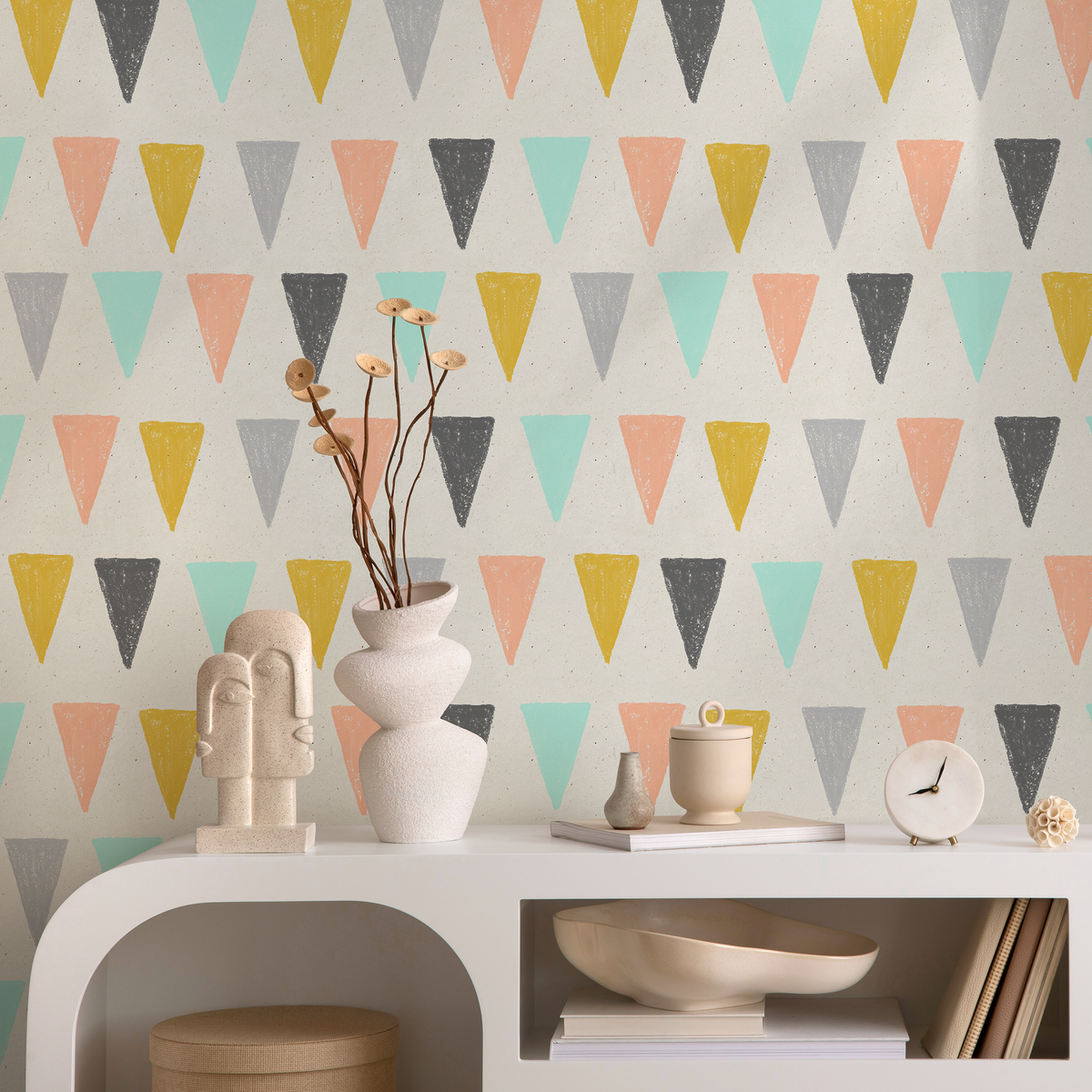 Geometric Wallpaper with Hand-Drawn Triangles in Coral, Yellow, and Green Mint - detail view