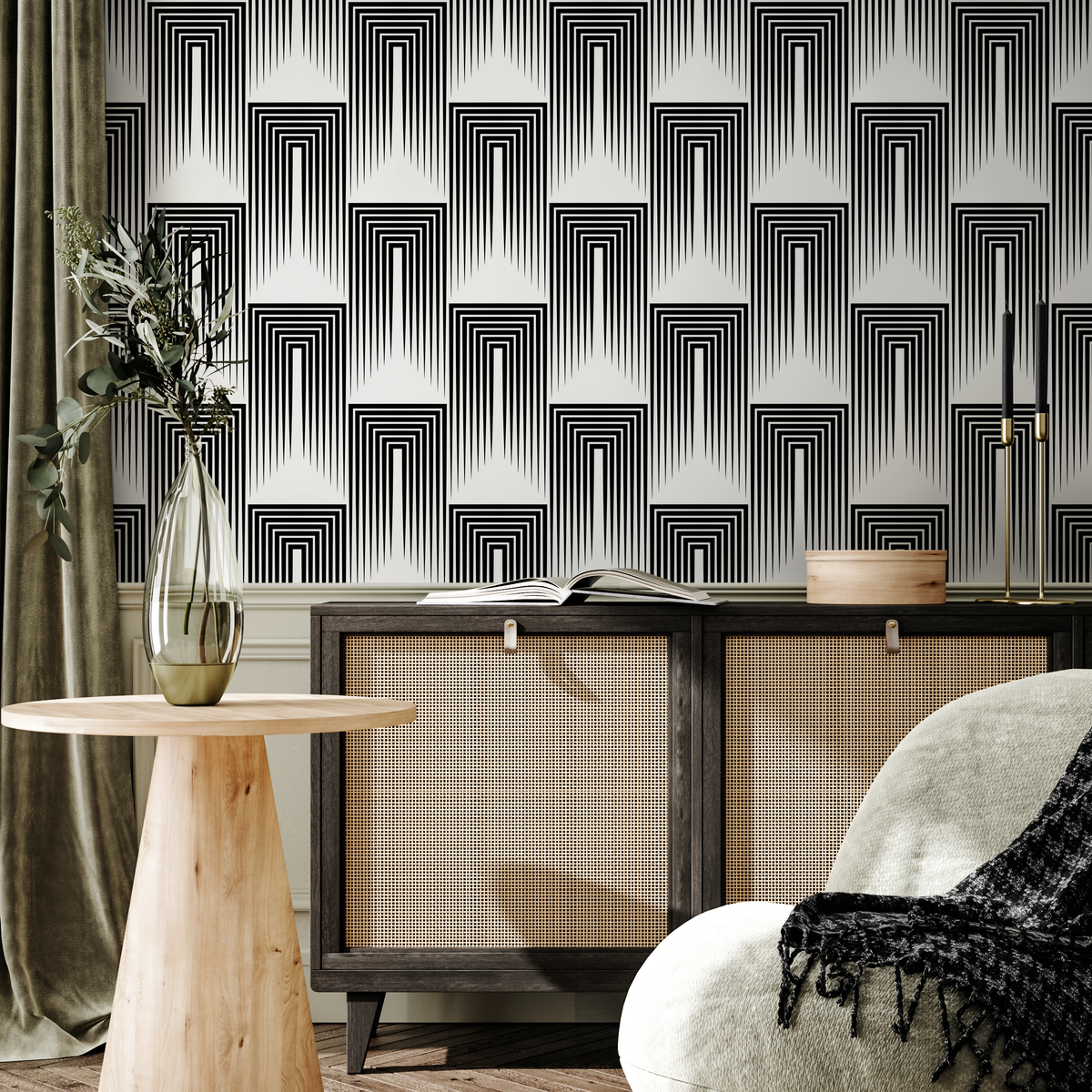 Art Deco Wallpaper with a Linear Arch Motif in Black and White - detail view