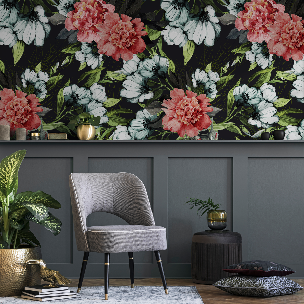 Floral Wallpaper with Vintage Peonies and Blooms in Red, White, and Green - detail view