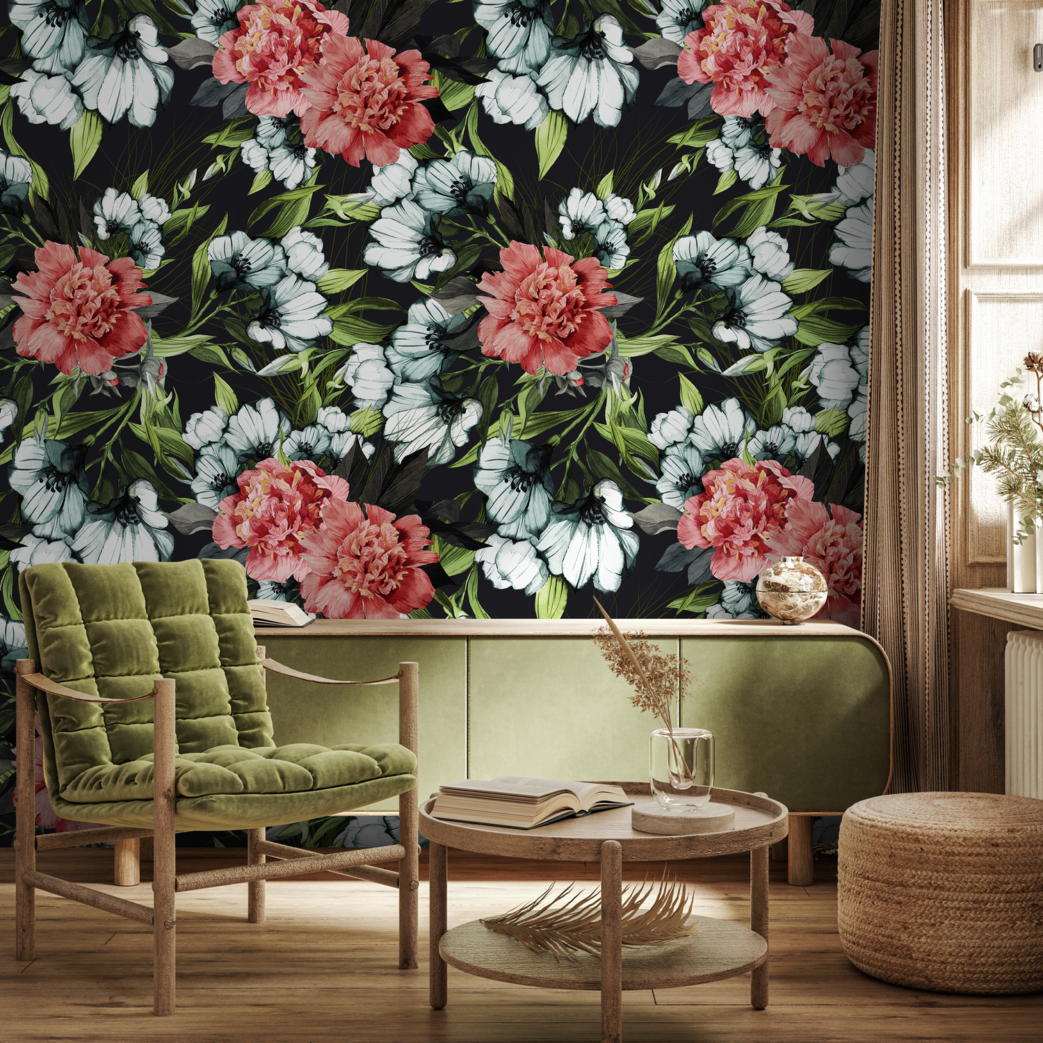 Papier peint autocollant amovible, décoration d'intérieur, art mural, décoration murale, décoration de chambre, papier peint vintage à fleurs - B081