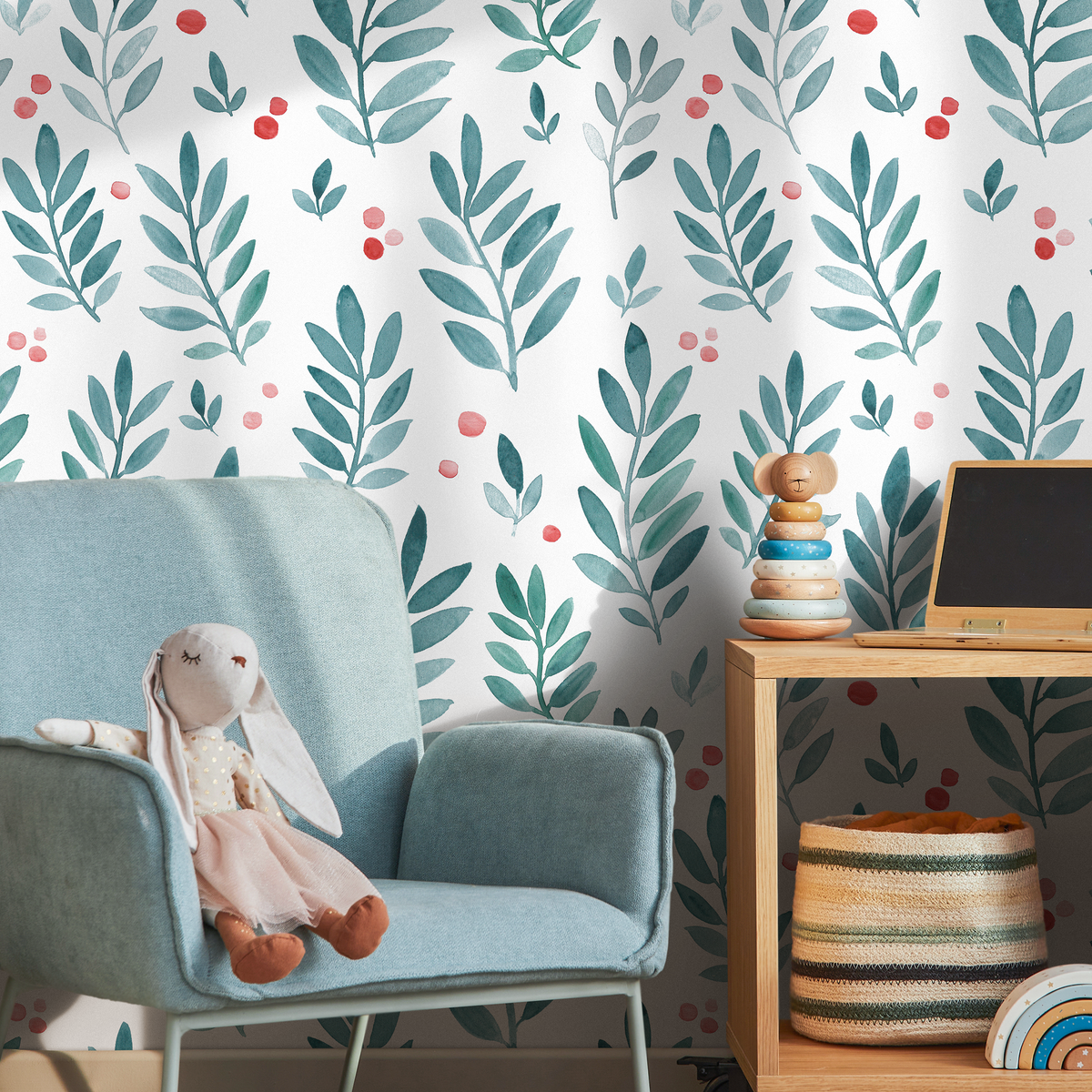 Botanical Wallpaper with Watercolor Leaves and Berries in Teal and Red - detail view