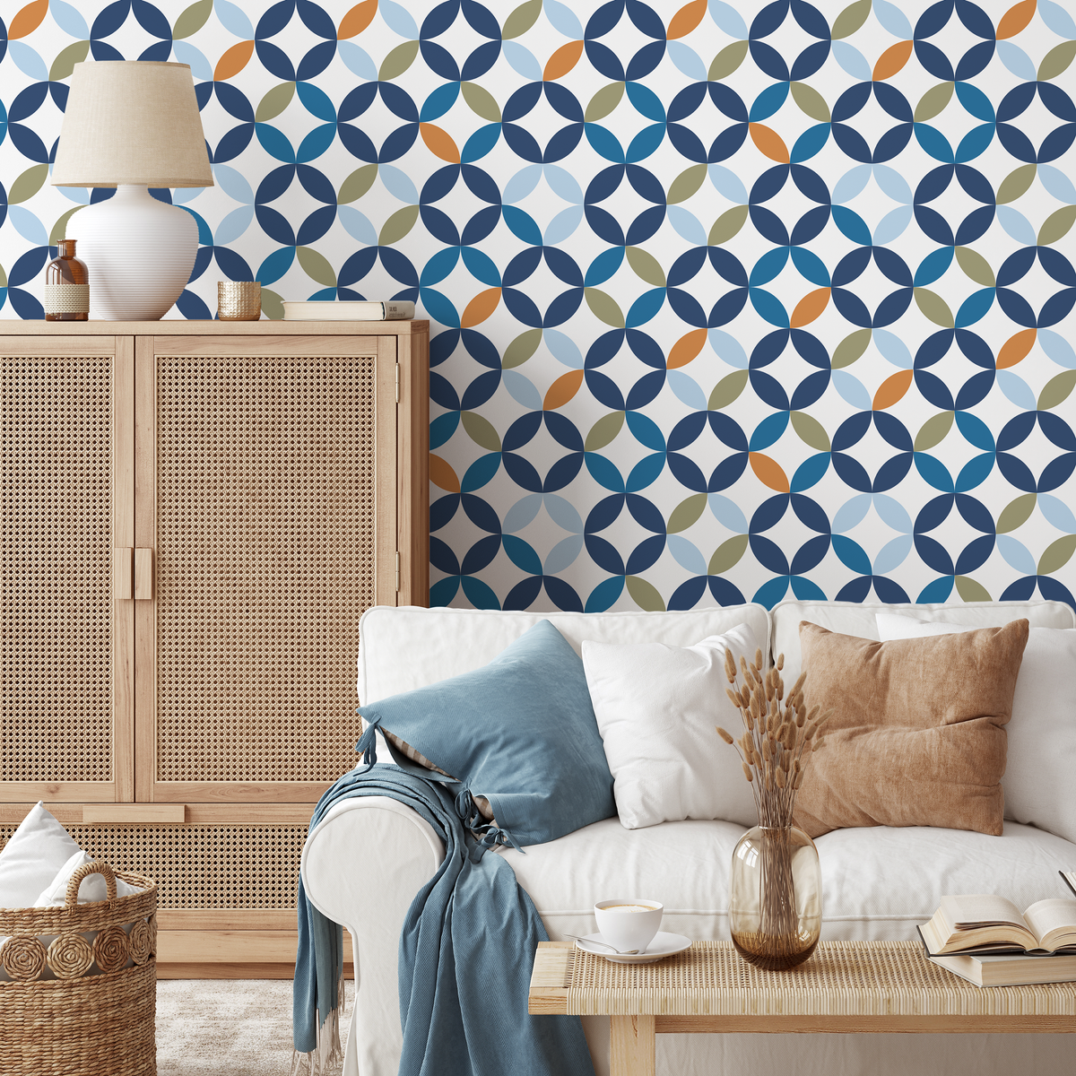 Geometric Wallpaper with an Interlocking Circle Motif in Blue, Green, and Orange - detail view
