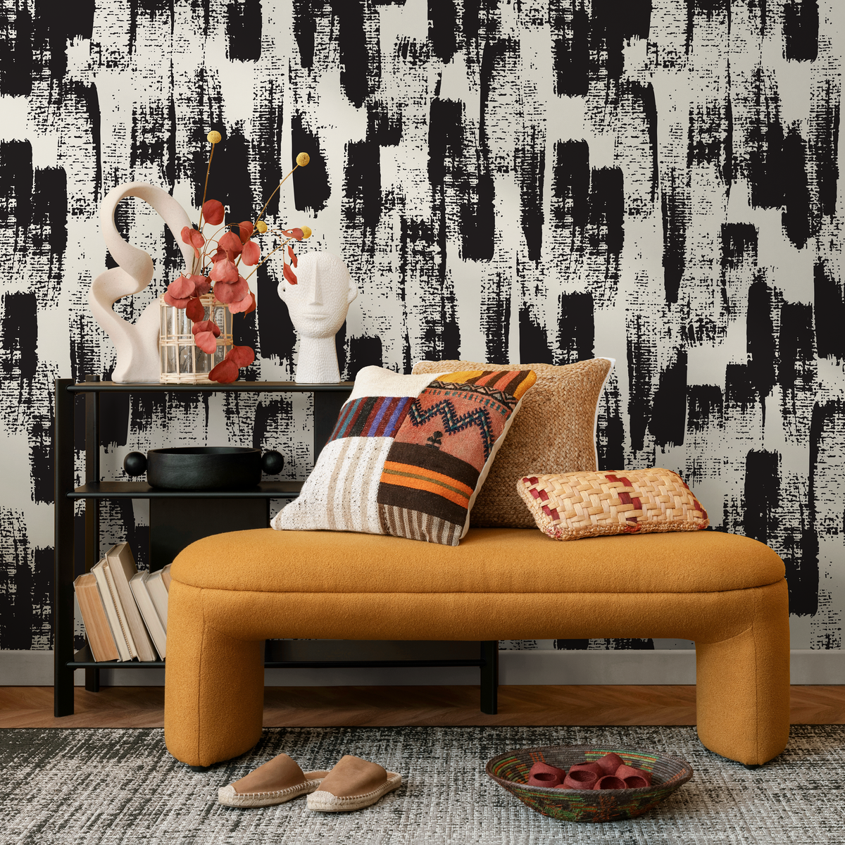 Abstract Wallpaper with Bold Brush Strokes in Black and Cream - detail view