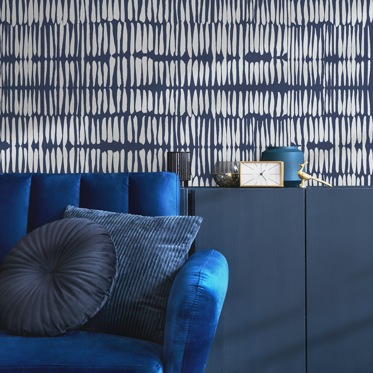Abstract Wallpaper with Irregular Vertical Lines in Navy Blue and White - detail view