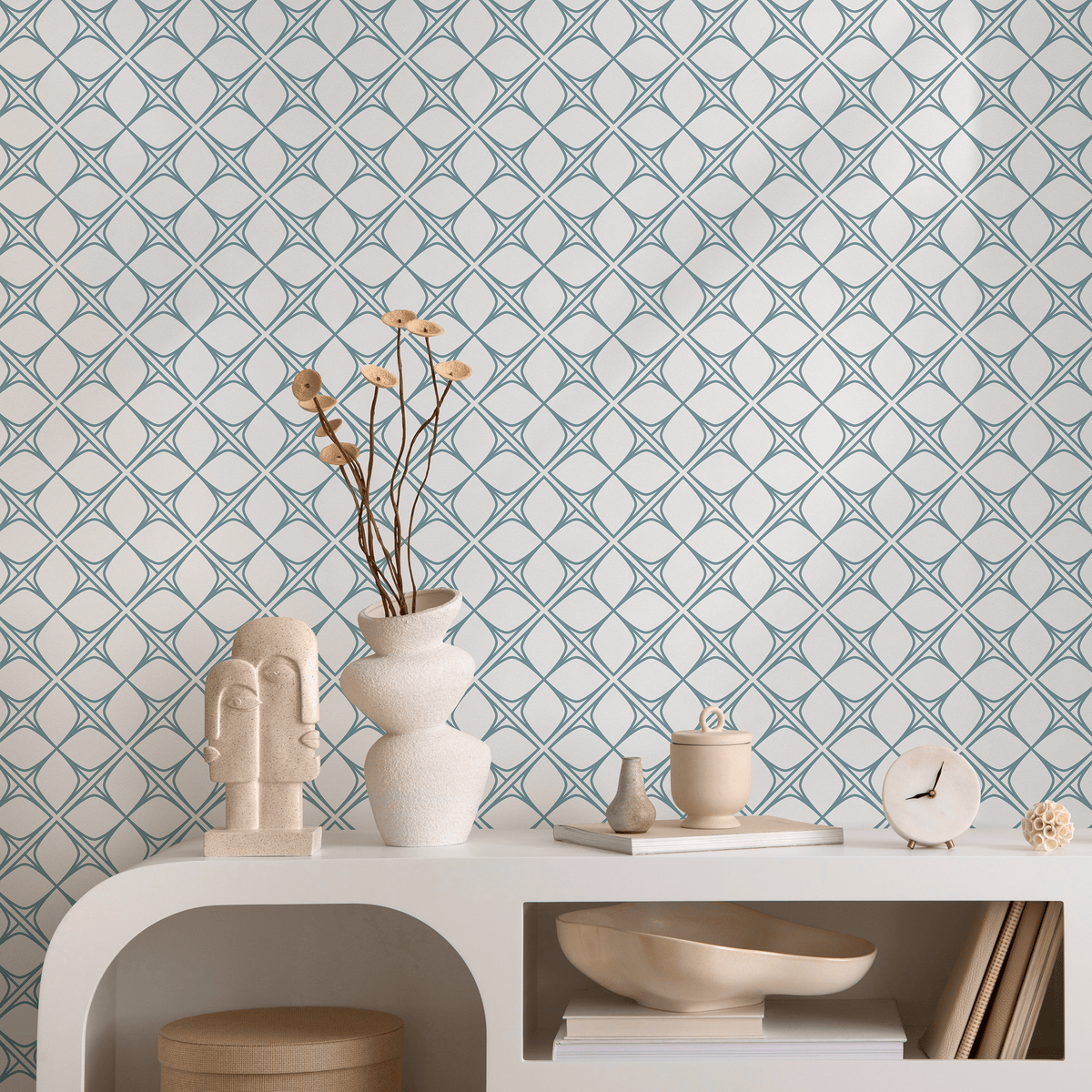 Geometric Wallpaper with a Scandinavian Trellis in Teal - detail view