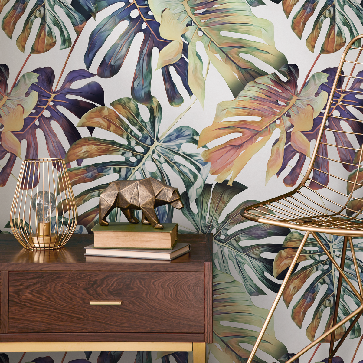 Botanical Wallpaper with Painterly Monstera Leaves in Green, Blue, and Orange - detail view