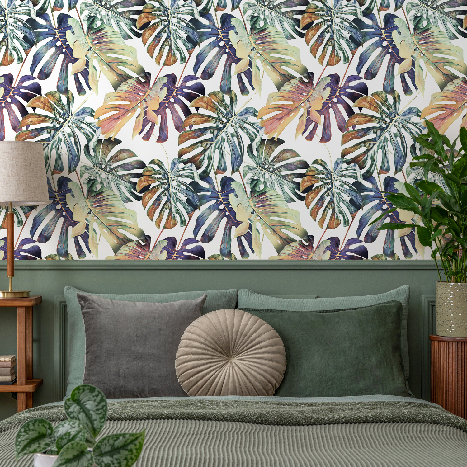 Botanical Wallpaper with Painterly Monstera Leaves in Green, Blue, and Orange - B092