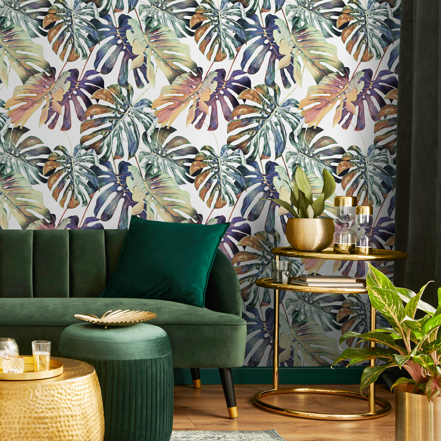 Botanical Wallpaper with Painterly Monstera Leaves in Green, Blue, and Orange - B092