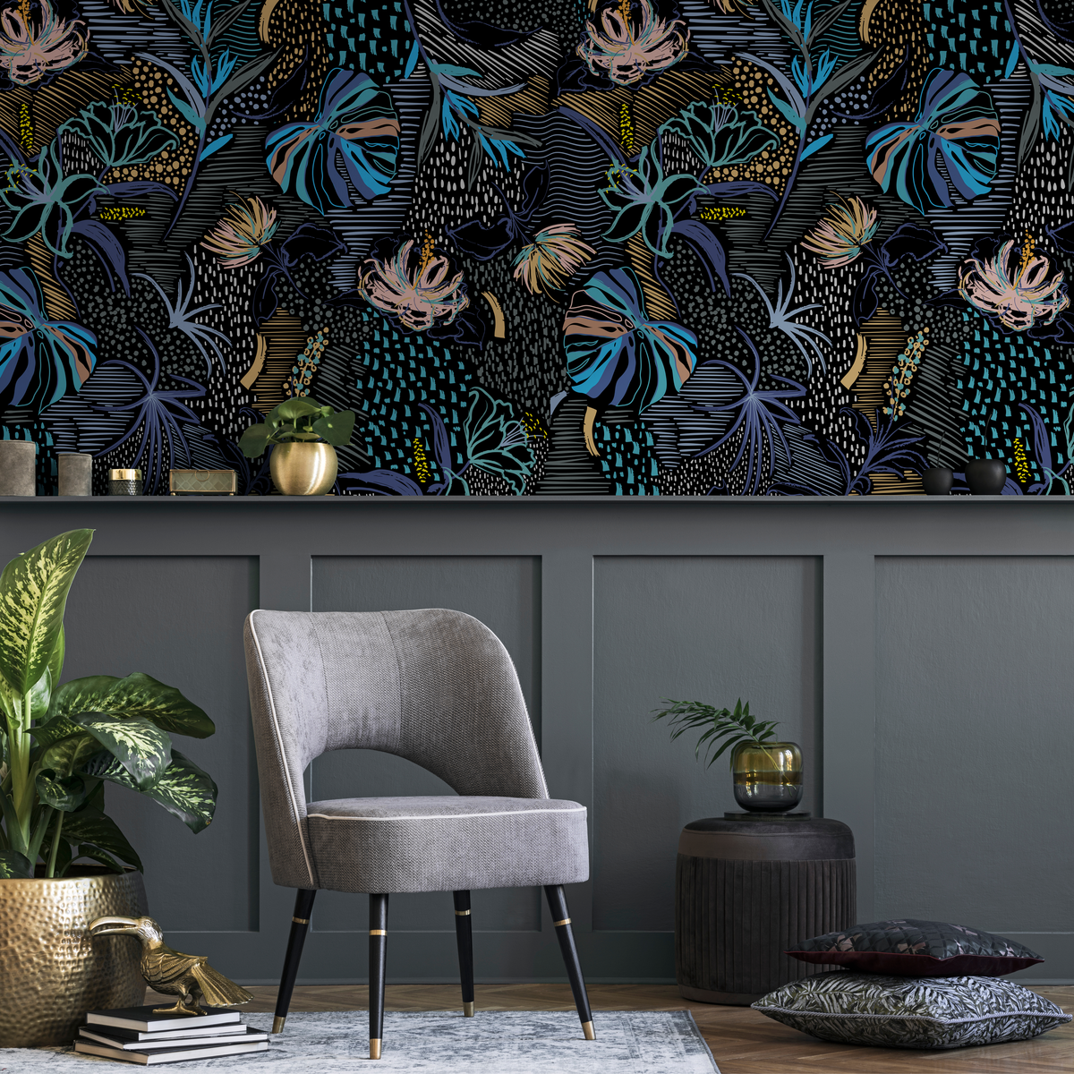 Abstract Wallpaper with Stylized Tropical Florals in Blue, Gold, and Pink - detail view