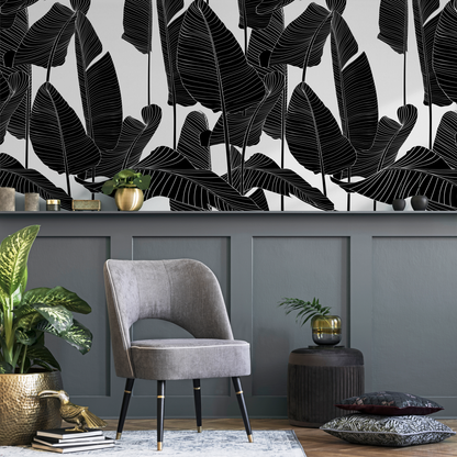 Wallpaper Peel and Stick Wallpaper Removable Wallpaper Home Decor  / Black and White Banana Leaf Wallpaper Tropical boho Wallpaper - B097